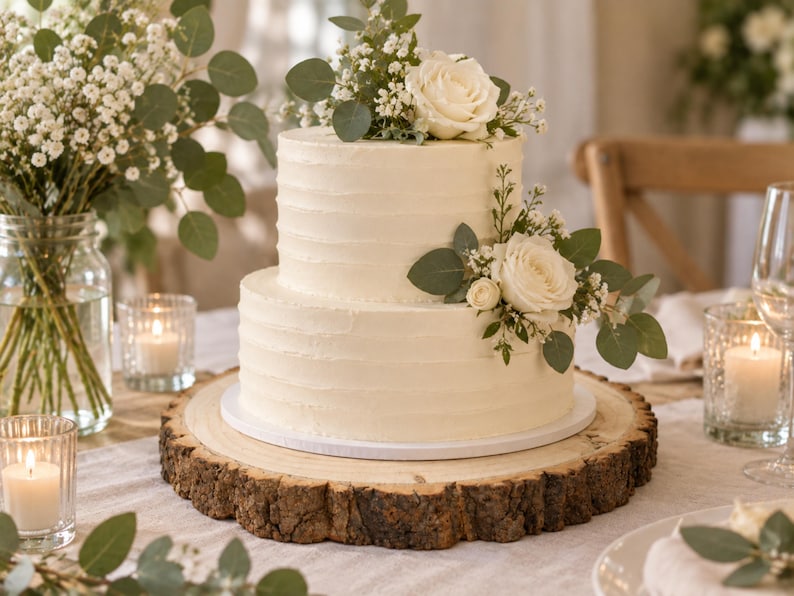 May include: A two-tier white frosted cake with horizontal textured lines, topped and decorated with white roses, baby's breath, and eucalyptus leaves, resting on a round natural wood slice with visible bark edges on a table.