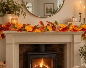 Artificial Maple Leaf Garland with Hooks, 2 Pack 180cm Autumn Garland and Halloween Home Decor, Faux Leaves Mantel Table Decor