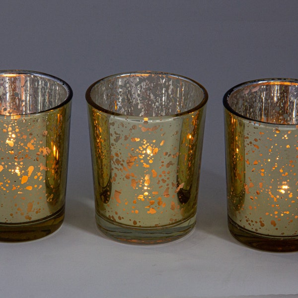 3 x Pack Gold Speckled Effect Glass Tealight Candle Holder for Classic Wedding Table Centrepiece Decorations or Home Decor. (6.5cm x 5.5cm)