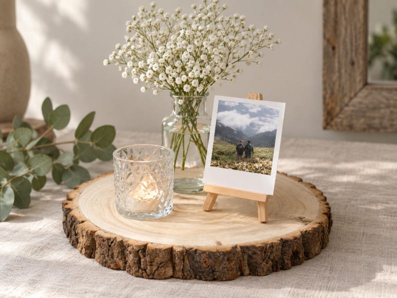 May include: A round wooden slice with natural bark edges holding a clear glass vase filled with white baby's breath flowers, a small clear textured glass candle holder with a lit tea light, and a square photograph displayed on a miniature wooden easel.