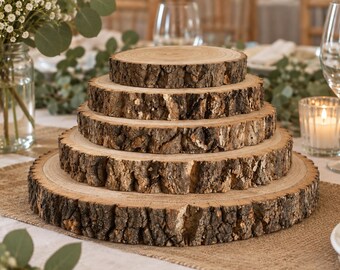 May include: A tiered display stand composed of five circular wood slices stacked in descending order of size. Each slice features a smooth, light-coloured top surface with visible grain rings and a rough, dark brown natural bark edge.