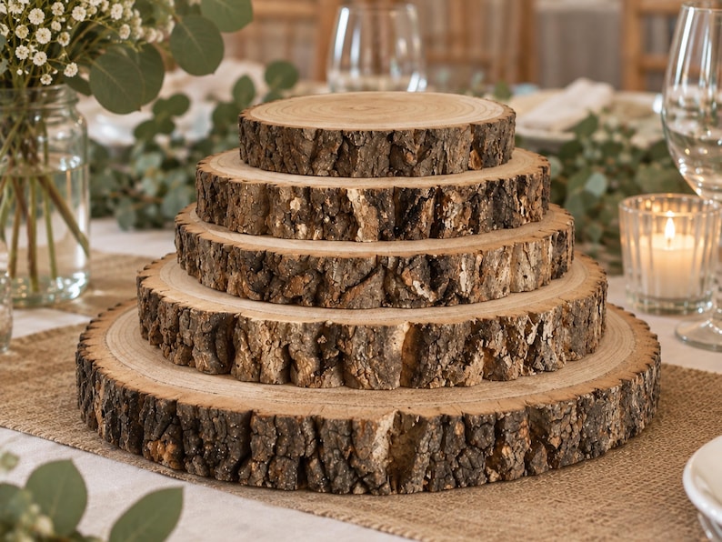 May include: A tiered display stand composed of five circular wood slices stacked in descending order of size. Each slice features a smooth, light-colored top surface with visible grain rings and a rough, dark brown natural bark edge.