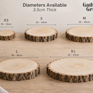 May include: Five round wooden slices with natural bark edges, labeled XS, S, M, L, and XL with diameters ranging from 10 to 37 cm. Each slice is 3.5 cm thick. The text Gather & Grace and Diameters Available 3.5cm Thick are visible at the top.