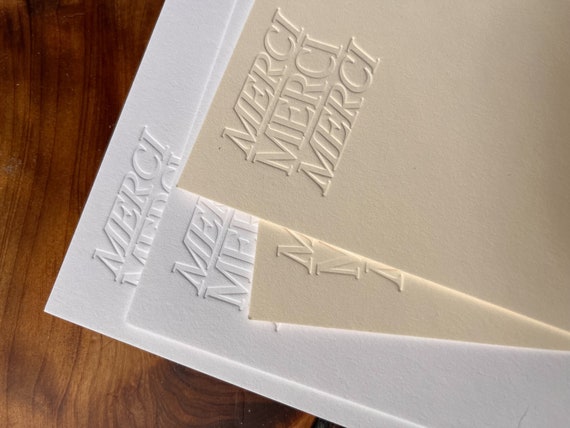 Thank You Card - Minimalist and Simple Letterpress Notecard Set (Merci, Merci, Merci) for Weddings, Personal Stationery, Gifts