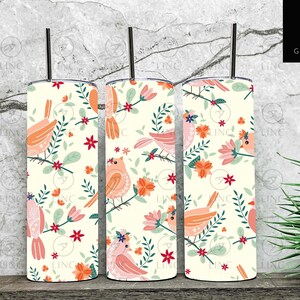 SEAMLESS- 20oz Skinny Straight Tumbler Template- Peachy Floral Birds- Sublimation Digital Download