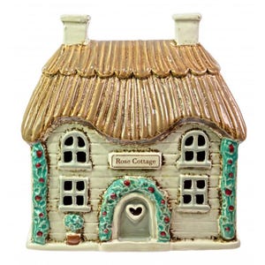Tea Light House | Ceramic Rose Cottage Ornament | Rustic Miniature Cottage Decoration | Country Cottage Collectable | Garden & Home Décor