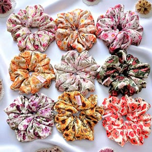 Handmade Floral Satin Scrunchie: Medium Hair Tie