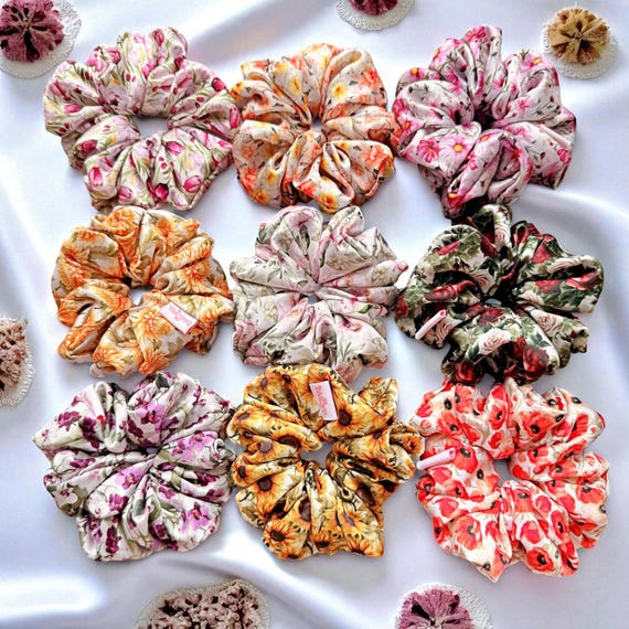 Handmade Floral Satin Scrunchie: Medium Hair Tie
