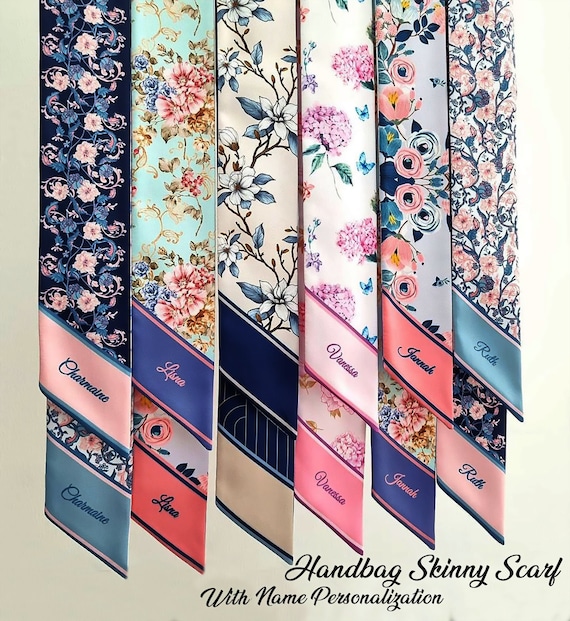 Personalized Satin Silk Handbag Scarf: Floral Skinny Scarf