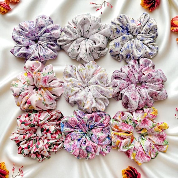 Handmade Floral Satin Scrunchie: Medium Hair Tie