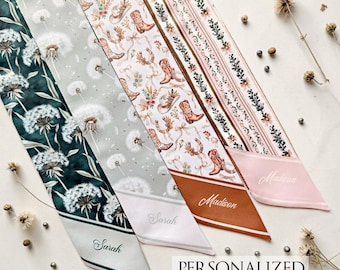 Personalized Dandelion and Cowgirl Print Skinny Scarf | Satin Handbag Accessory