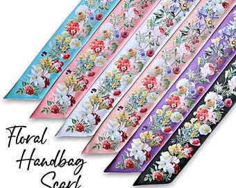 Satin Silk Floral Skinny Scarf: Handbag Handle Wrap