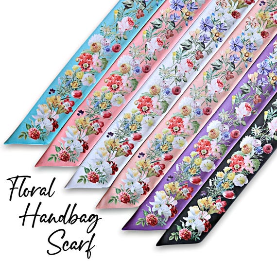 Satin Silk Floral Skinny Scarf: Handbag Handle Wrap