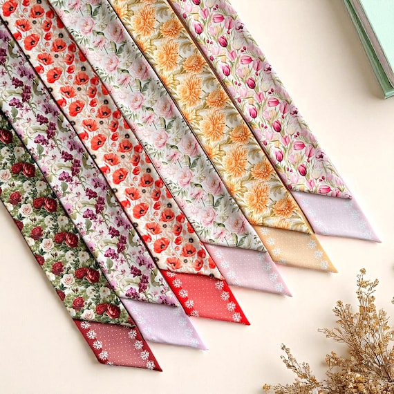 Floral Satin Skinny Scarf: Handbag Handle Wrap, Neck Scarf