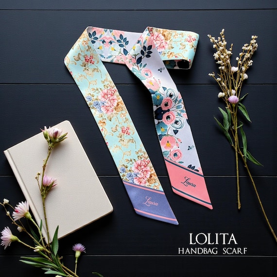 Personalized Satin Silk Handbag Scarf: Floral Skinny Scarf