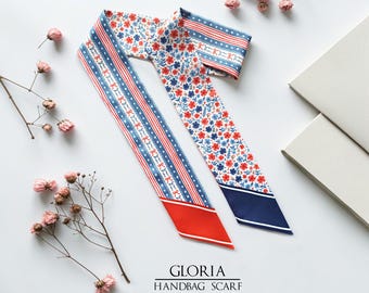 Patriotic Floral Handbag Scarf. Fourth of July Accessory, Skinny Scarf