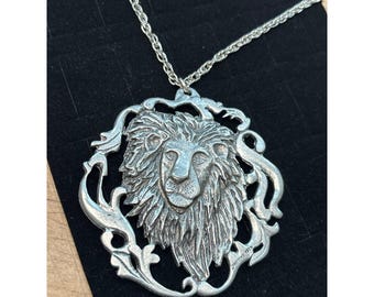 Lion Head Pendant Necklace In Silver-Tone Metal With Intricate Detailing & Chain