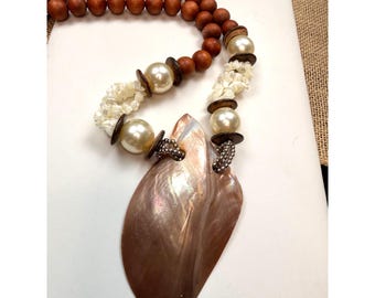 Vintage Large Shell Pendant Beaded Neck Natural Wood Bead Necklace With Shell Pendant Faux Pearl & Stone Accents Handmade Boho