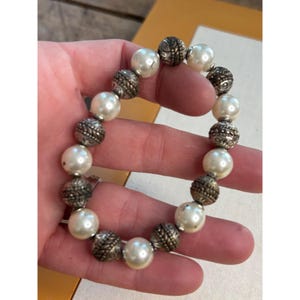 Vintage Style Faux Pearl & Metal Bead Stretch Bracelet For Women