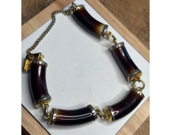 Vintage Curved Tiger’s Eye Gold Tone / plate? Bracelet With Chain Clasp
