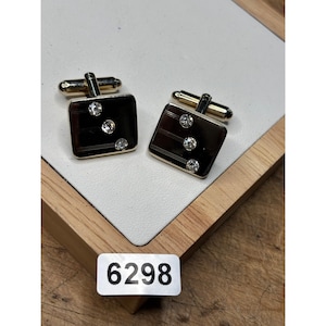 Vintage Gold-Tone Cufflinks With Black Enamel & Rhinestone Accents