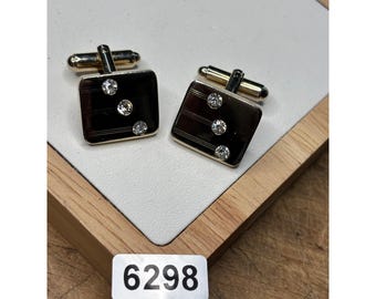 Gemelli vintage color oro con smalto nero e dettagli in strass