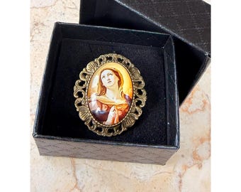 Vintage Mary Portrait Brooch Pin With Ornate Brass Frame & Gift Box
