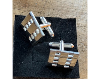 Silver-Toned Rectangular Cufflinks With Textured Geometric Design