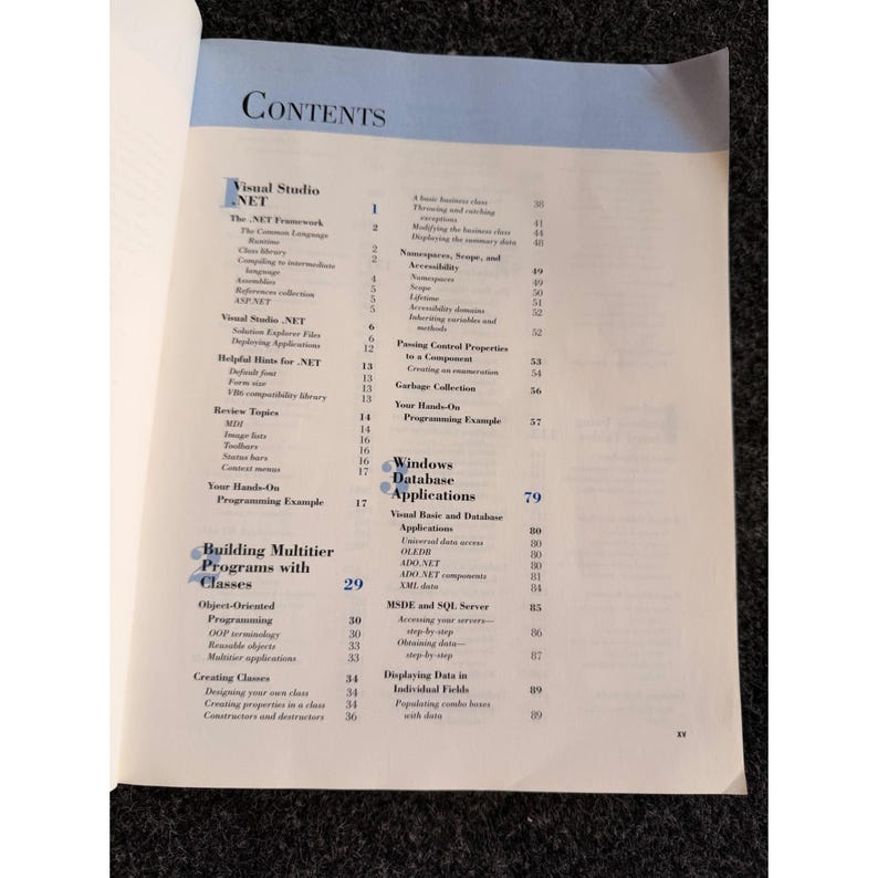 Op de afbeelding: Pagina uit een open boek met een inhoudsopgave met de titel "CONTENTS". De pagina bevat onderwerpen over Visual Studio .NET, het bouwen van multitier-programma's en Windows-database-applicaties. Zwarte tekst op een witte achtergrond.