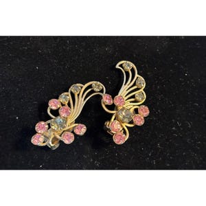 Vintage Gold-Tone Clip-On Earrings With Pink & Gray Rhinestones