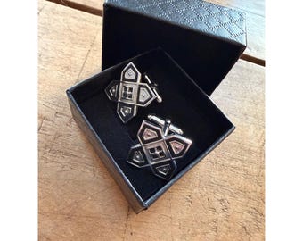 Geometric Silver & Black Metal Cufflinks With Box