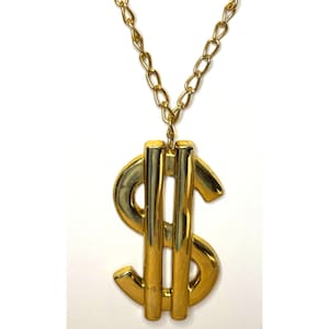 Gold-Tone Dollar Sign Pendant Necklace With Chain 14" Drop Large Statement Jewelry