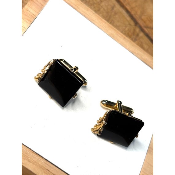 Boutons De Manchette Vintage Swank Plaqués Or Avec Pierre Noire - Occasion