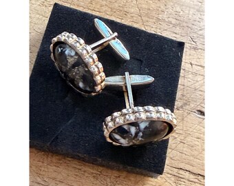 Vintage Silver Plated Oval Black Goldstone Cufflinks With Scalloped Edging Design