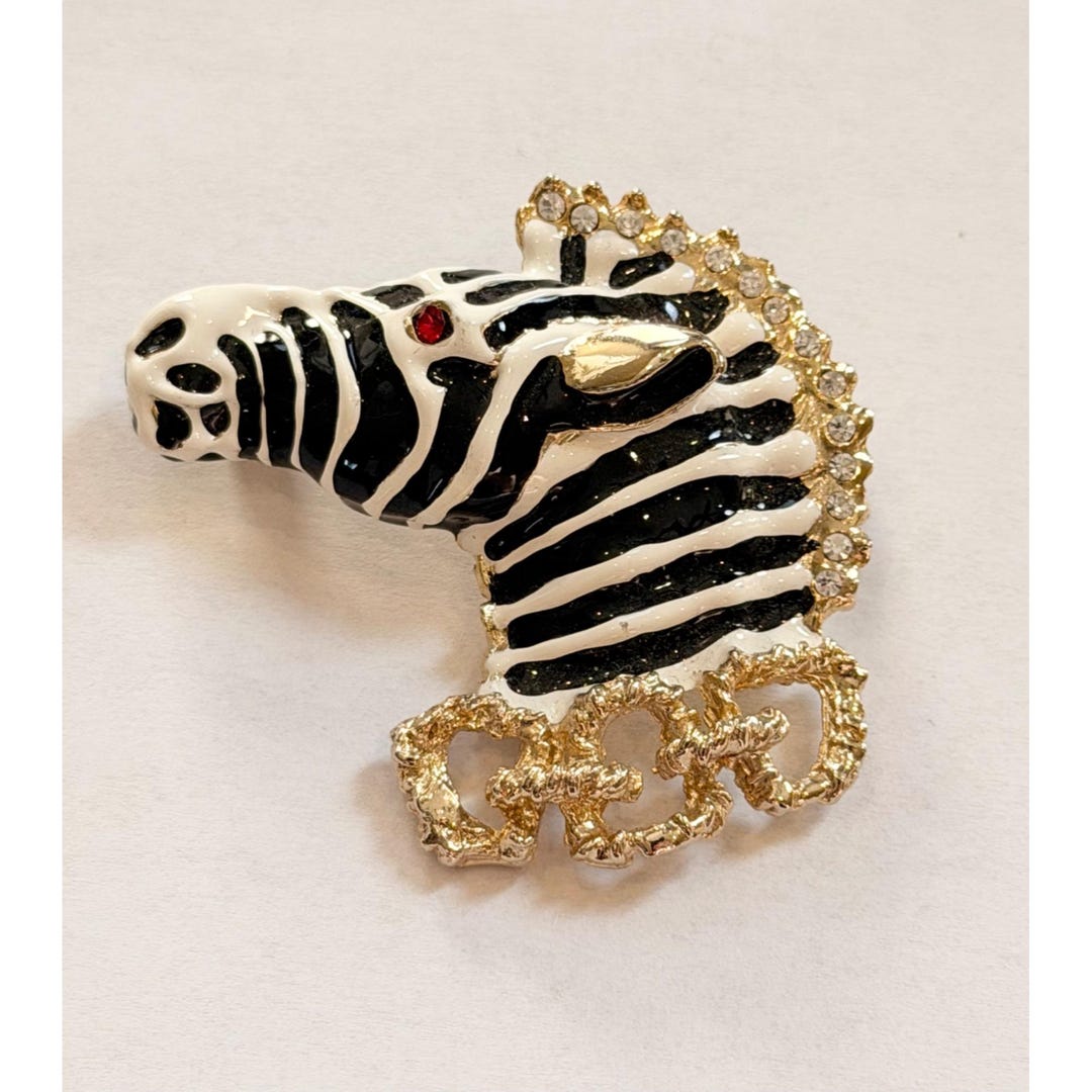 Zebra Rhinestones Zebra Head Brooch With Rhinestones Gold-tone Detailing 2-inch Pin Black ...