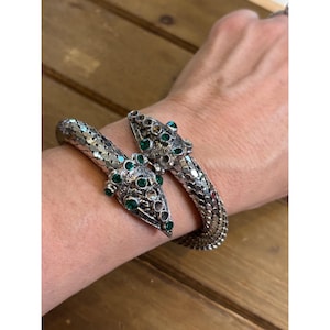 Silver Cobra Head Bracelet With Green Gem Accents & Hinged Design **missing stones