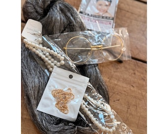 Synthetic Hair Bun With Accessories - Grey & Black - Includes Pearl Necklace Gold Glasses Earrings And Hair Net