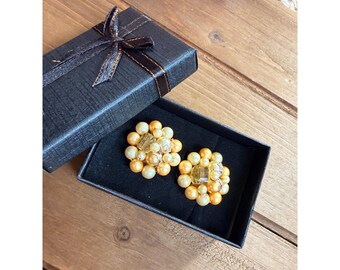 Vintage Gold & Cream Beaded Clip-On Earrings With Rhinestone Details In Gift Box