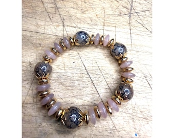 Natural Stone Beaded Stretch Bracelet With Gold Accents