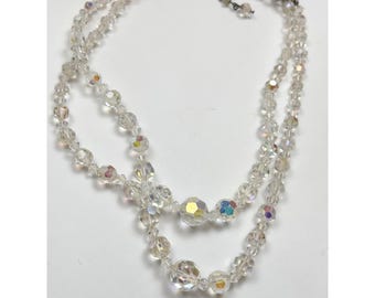 Vintage Aurora Borealis Crystal Double Strand Necklace With Rhinestone Accents & Adjustable Clasp