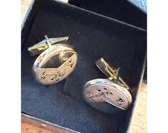 Vintage Gold-Tone Cufflinks With Engraved Swirl Design In Black Box