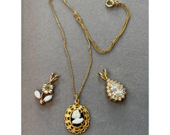 Vintage Gold-Tone Cameo Necklace  2 Pendant Set With Faux Pearls & Rhinestones