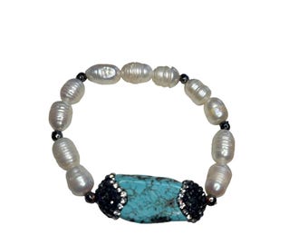 Turquoise & Pearl Stretch Bracelet With Crystal Pave Accents