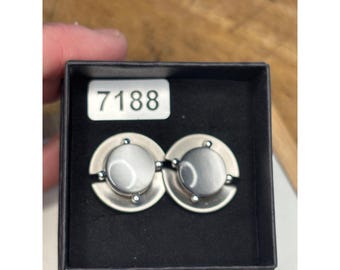 Swank Silver-Tone Round Cufflinks With Gray Stone Center For Men