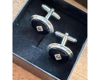Silver & Black Oval Cufflinks With Diamond Accent For Men