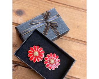 Vintage Gold-Tone Red Enamel Flower Clip-On Earrings In Gift Box