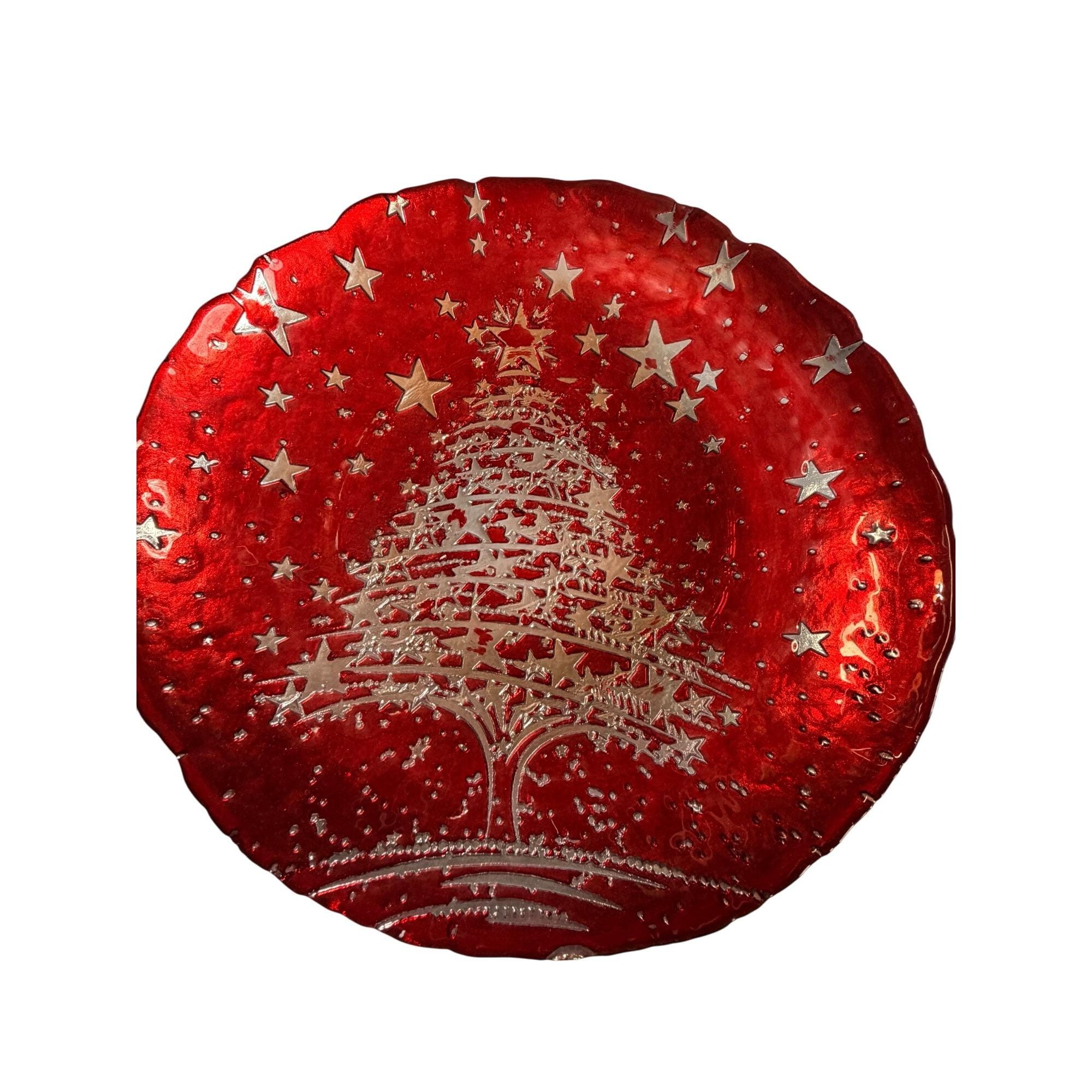 Vintage Red Glass Decorative Plate With Silver Christmas Tree
