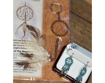 Turquoise Beaded Dreamcatcher Earrings & Feathered Keychain Set