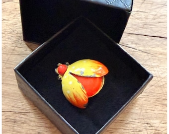 Vintage Yellow & Orange Ladybug Brooch Pin Hand-Painted Metal 1.5 Inches Collectible Jewelry Gift Box Included