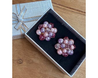 Vintage Japan Pink & Purple Beaded Clip-On Earrings With Box